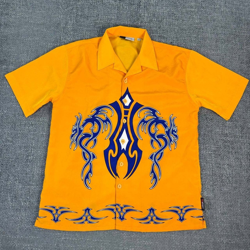Player Tribal Dragon Button Up Shirt Mens Small Orange Y2K Streetwear Graphic